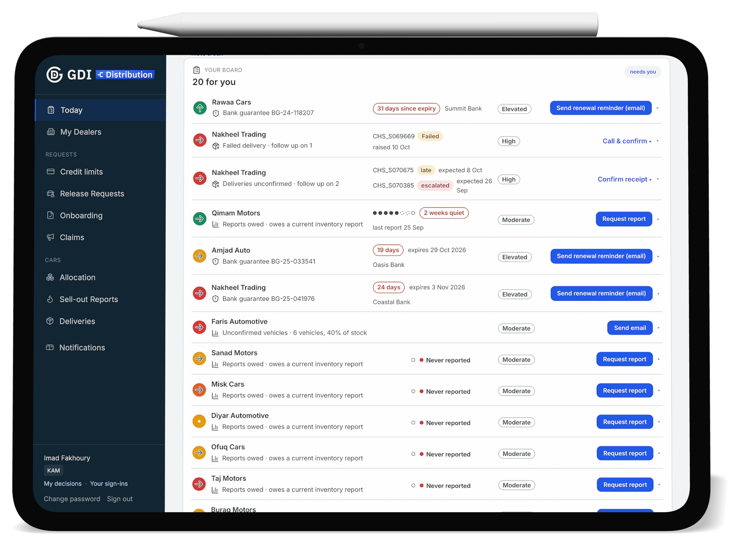 The account manager's board, each row with its next step